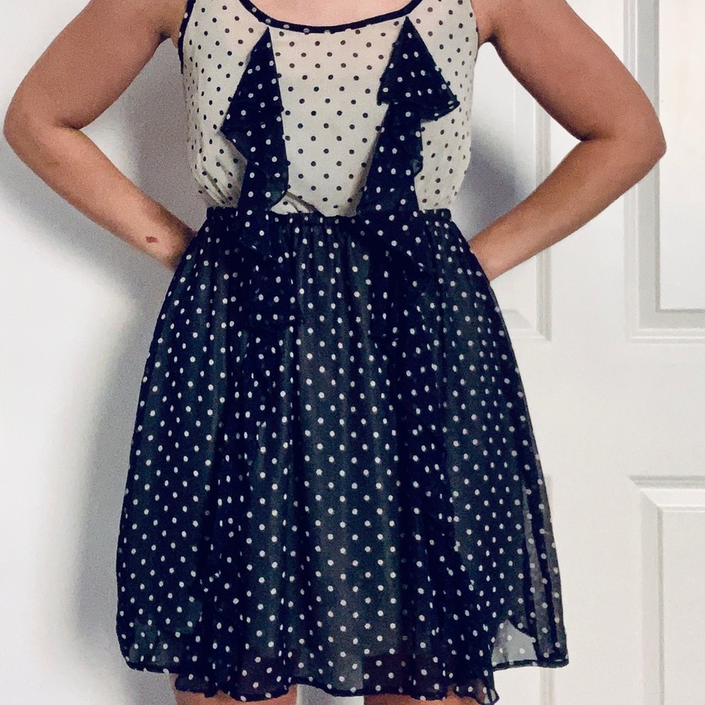 Ruffle Front Mini-Polkadot Dress